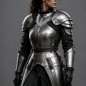May include: A suit of polished steel plate armor featuring a breastplate, pauldrons, and gauntlets worn over a dark tunic. The armor includes articulated metal sections, leather straps, and buckles. A longsword is held in one hand by the wearer.
