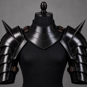 May include: A black metal pauldrons and gorget set featuring layered plate armor construction with pointed shoulder spikes. The armor pieces are secured with brown leather straps and metal buckles, designed to cover the shoulders and neck area.