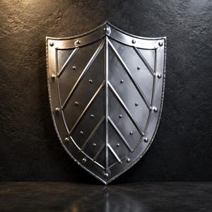 May include: A silver-coloured metal shield featuring a pointed heater shape with a central vertical ridge and diagonal raised bars. The surface is decorated with evenly spaced metal rivets along the edges and the raised structural bars.