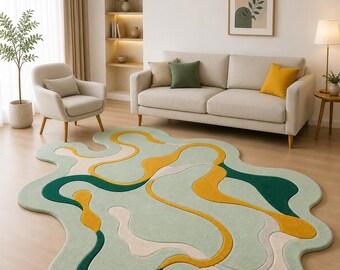 Abstract Irregular Shape Area Rug, Modern Green Yellow Tufted Carpet, Scandinavian Living Room Mat