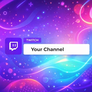 Peut inclure: Un arrière-plan numérique vibrant avec une palette de couleurs violet, bleu et rose. L'image présente le logo Twitch, le mot "Twitch" et un encadré blanc avec le texte "Your Channel". L'arrière-plan a un design de type galaxie.