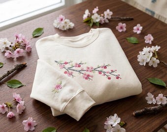 Sudadera de cuello redondo con bordado de flor de cerezo / Cuello redondo de primavera