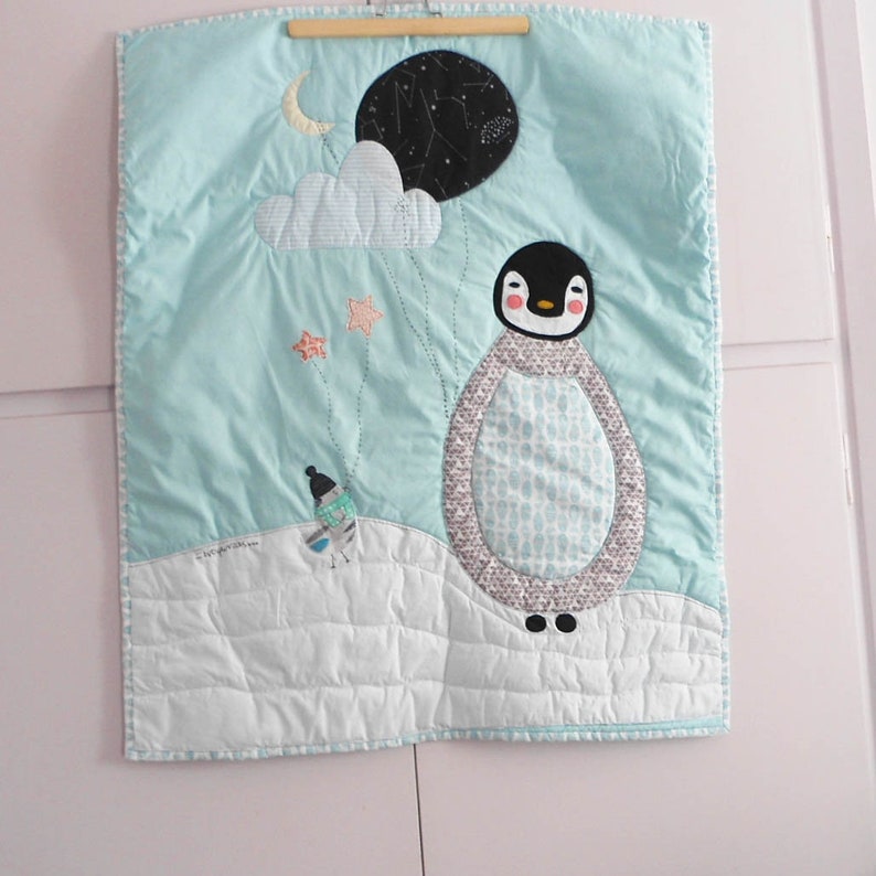 The penguin and the birdie Baby blanketplay-mat Made to order Nursery Decor Baby Shower Gift Custom personalized stroller quilt
