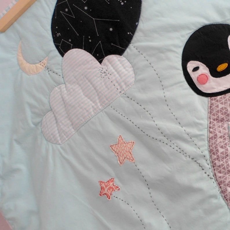 The penguin and the birdie Baby blanketplay-mat Made to order Nursery Decor Baby Shower Gift Custom personalized stroller quilt