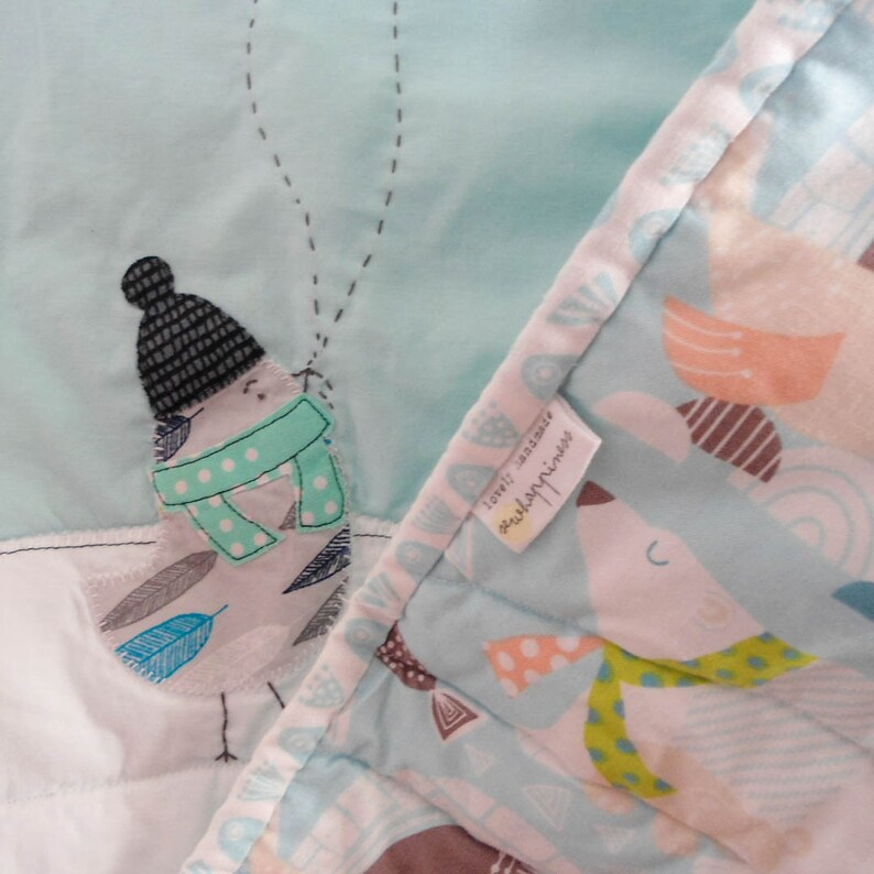 The penguin and the birdie Baby blanketplay-mat Made to order Nursery Decor Baby Shower Gift Custom personalized stroller quilt
