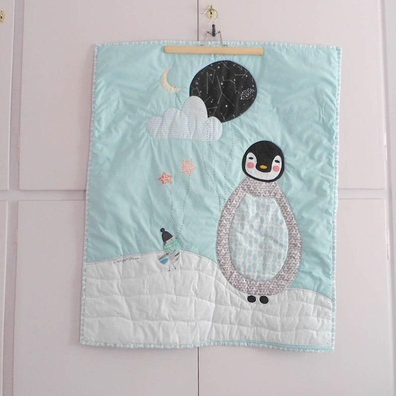 The penguin and the birdie Baby blanketplay-mat Made to order Nursery Decor Baby Shower Gift Custom personalized stroller quilt