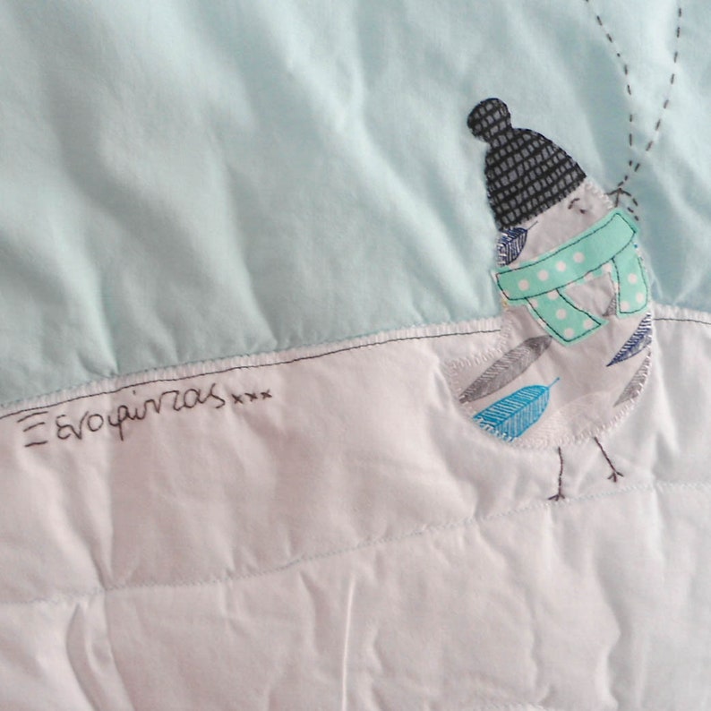 The penguin and the birdie Baby blanketplay-mat Made to order Nursery Decor Baby Shower Gift Custom personalized stroller quilt