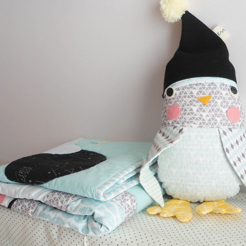 The penguin and the birdie Baby blanketplay-mat Made to order Nursery Decor Baby Shower Gift Custom personalized stroller quilt