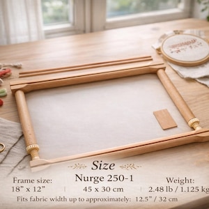 May include: A wooden embroidery frame, 18" x 12", with a light-colored fabric stretched across it. The frame is surrounded by embroidery supplies, including colorful threads, scissors, and a small wooden tool. The text "Nurge 250-1" is visible.