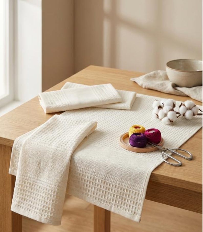 May include: A collection of cream-coloured waffle-weave kitchen towels and a table runner are displayed on a wooden table. A small wooden tray holds colourful spools of thread, and scissors are placed nearby. A sprig of cotton and a ceramic bowl are also present.