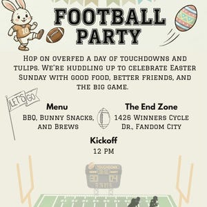 Pode incluir: Um convite para uma festa de futebol de domingo de Páscoa. O design apresenta um coelho de desenho animado, uma bola de futebol e um ovo de Páscoa. O texto inclui o menu da festa, a hora do pontapé inicial e o endereço.