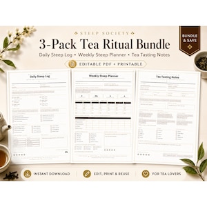 May include: A 3-Pack Tea Ritual Bundle with a Daily Steep Log, Weekly Steep Planner, and Tea Tasting Notes. The bundle includes an editable PDF that is printable. The image also includes the text "Instant Download", "Edit, Print & Reuse", and "For Tea Lovers".