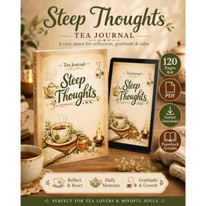 Może przedstawiać: Dziennik herbaciany zatytułowany "Steep Thoughts" w stylu vintage. Okładka przedstawia filiżankę herbaty, czajniczek i świece. Obraz przedstawia również tablet wyświetlający dziennik, wraz z ikonami opcji PDF i książki w miękkiej oprawie. Dziennik przeznaczony jest do refleksji i wdzięczności.
