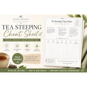 Puede incluir: Una hoja de trucos digital para preparar té de Steep Society que incluye un registro de preparación, instrucciones y consejos. El documento contiene secciones para el nombre del té, tipo, temperatura del agua, tiempo, cantidad y reinfusiones.