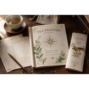 May include: A tea-themed collection featuring a "Tea Passport Journal" with a compass rose design, a "Tea Date Ritual Guide," and a "Collector's Grid" checklist. A cup of tea and a small bag with the text "Steep Society" are also present.