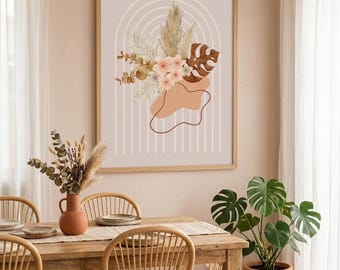 Boho Botanical Wall Art, Pampas Grass Poster, Minimalist Floral Print, Monstera Leaf Wall Decor, Abstract Sun Arch Print, Neutral Tones Home