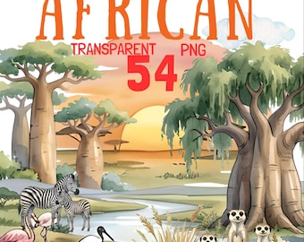 Watercolor African Savannah Clipart – Animals, Baobabs, Sunset (54 PNG Elements)