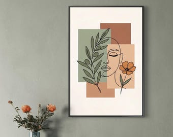 Boho Woman Line Art Print, Abstract Minimalist Terracotta Sage Decor (Digital Download)