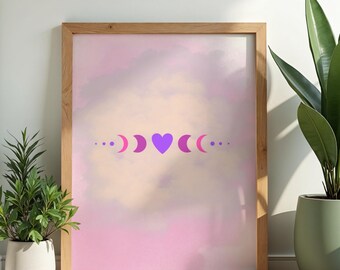 Pink Moon Phases wall art – Mystical Watercolor Wall Art (Digital Download) purple watercolor art trendy, bedroom decor