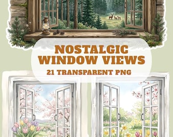 21 Watercolor Cottage Window Clipart, Rustic Summer Landscape PNG Bundle