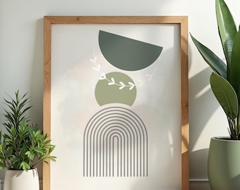 Sage Green Wall Art Abstract Geometric Poster Minimalist Arch Print Boho Mid Century Modern Decor Olive Green Shape Art Digital Downloads