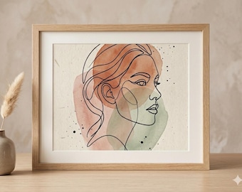 Boho Woman Line Art Print, Minimalist Watercolor Poster, Neutral Earth Tones (Digital Download)