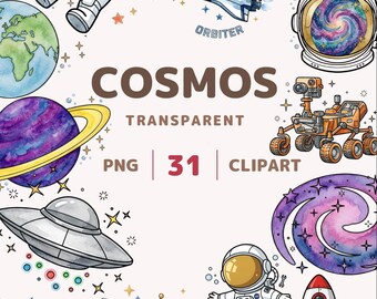 Space watercolor clipart, 31 astronaut & planet PNG, Galaxy graphics for kids. Digital download.