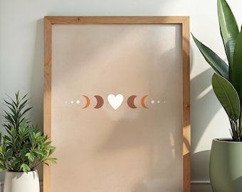 Celestial Moon Phases Heart Print – Mystical Watercolor Wall Art (Digital Download)