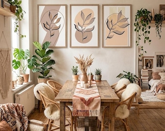 Dining Room Wall Decor, Set of 3 Mid Century Modern Prints, Earthy Tone Leaf Art, Warm Aesthetic Gallery Wall, Sage Green Beige Poster, Digi
