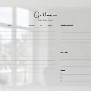 May include: A clear acrylic wall board titled Grillbuch with black printed text and grid lines. It features sections for date, dish, temperature, time, and result, plus areas for rub mixtures, wood and charcoal, and a shopping list with checkboxes.