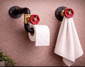 Red Valve Bathroom Set – Industrial Toilet Paper Holder + Hook | Unique Pipe Decor