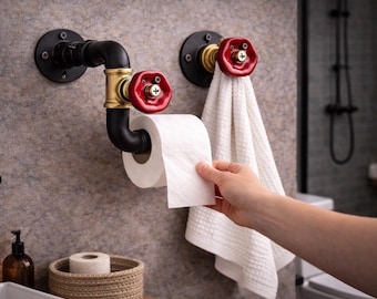 Red Valve Bathroom Set – Industrial Toilet Paper Holder + Hook | Unique Pipe Decor