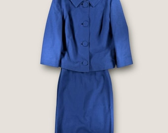 Vintage 60s Pendleton Wool Skirt Suit Blue Cropped Jacket Pencil Skirt VTG SZ 8