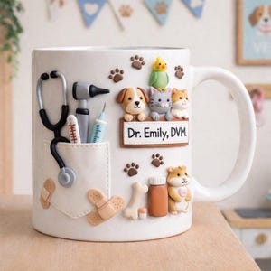 May include: White ceramic mug decorated with veterinary-themed elements. Features a pocket design with a stethoscope, thermometer, and syringe. Adorned with paw prints, a dog, cat, hamster, and a parrot. The mug is personalized with the text "Dr. Emily, DVM."