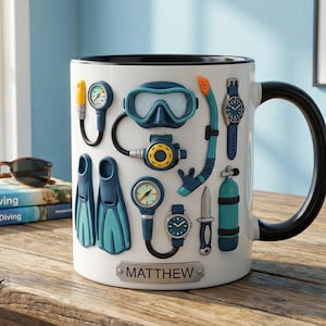 Personalized Scuba Diving Mug, Custom Name Diver Gift, Diving Gear Coffee Cup, Ocean Adventure Gift, Scuba Diver Lover Mug