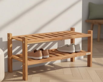 Acacia Wood 2-Tier Shoe Rack, Foldable Entryway Storage Shelf, Stackable Rustic Organizer