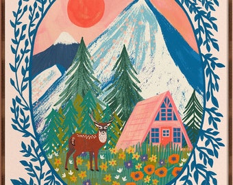 Berghütte Print, Hirsch Wandkunst, Volkskunst Landschaft, Cottagecore Dekor