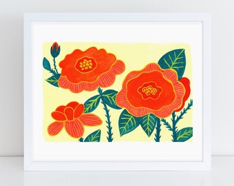 Red Rose Print, Flower Art Print, Red Floral Wall Art, Rose Illustration, Colorful Wall Art, Botanical Print, Cottage Decor, Red Flower Art