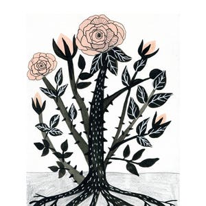 K&ouml;nnte beinhalten: Eine Schwarzwei&szlig;illustration eines Rosenbusches mit rosa Rosen. Der Busch hat Dornen und einen dicken, schwarzen Stamm mit wei&szlig;en Punkten. Die Wurzeln sind sichtbar und breiten sich unter der Erde aus.