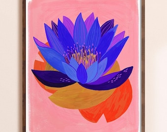 Blue Lotus Art Print, Water Lily Wall Art, Colorful Botanical Flower Decor