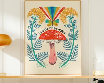 Magic Mushroom Print, Kids Room Wall Art, Whimsical Playroom Decor, Nursery Nature Poster