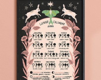 Lunar Calendar 2025, Moon Phases Art, Celestial Art, Astronomy Gift, Moon Calendar, Nature Wall Art, Folk Art Print, Luna Moth Artwork