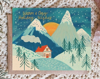 Kerstwenskaart, warme en gezellige kerstkaart, besneeuwde bergscène, blanco kaartenset met enveloppen, geïllustreerde notitiekaart, kerstkaarten
