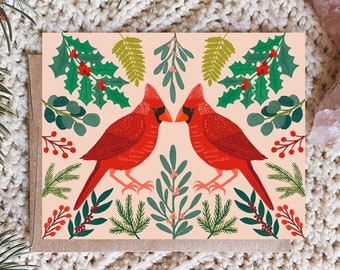 Christmas Card with Cardinals, Holiday Greeting Card Set, Yule Notecards, Christmas Birds, Illustrated Notecards, Winter Solstice Card Blank