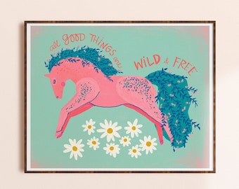 Arte mural de caballos salvajes y libres / Arte animal caprichoso para niños / Impresión de archivo sin marco