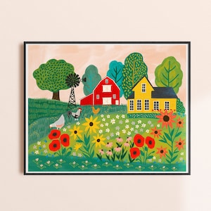 Whimsical Farm Print, Colorful Kids Decor, Kids Wall Art, Homestead Print, Bright Nursery Print, Farmhouse Art, Baby Room Decor, Chicken Art