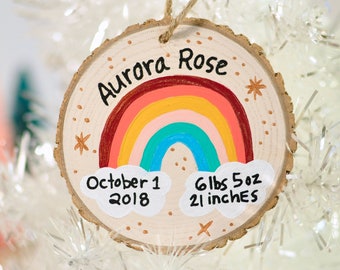 New Baby Girl Gift, Personalized Hand Painted Ornament, 2023 Christmas Ornament, Newborn Ornament, Rainbow Ornament, Family Heirloom Gift