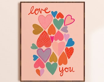 Colorful Hearts Wall Art, Love You Art Print, Valentine's Gift, Kids Room Art, Playroom Decor, Love Gift, Bright Home Decor, Nursery Art