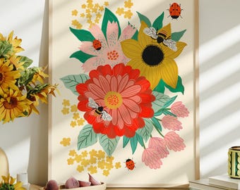 Wildflower Bouquet Folk Art Print, Botanical Floral Wall Decor, Colorful Cottagecore Art