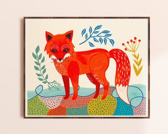 Arte de zorro, lámina colorida para guardería, decoración de habitación infantil, arte mural de animales del bosque, láminas de arte brillantes, arte mural caprichoso, lámina de arte de zorro, regalo para niños